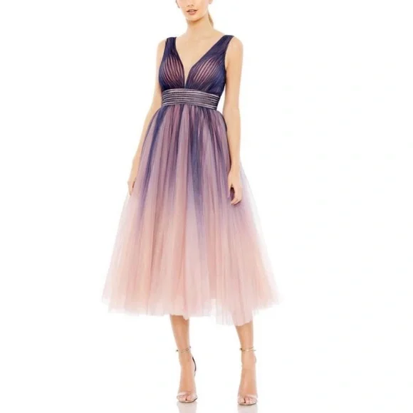 Mac Duggal 20403 Indigo Ombré Tulle Sleeveless V-Neck Midi Dress - Reemoly